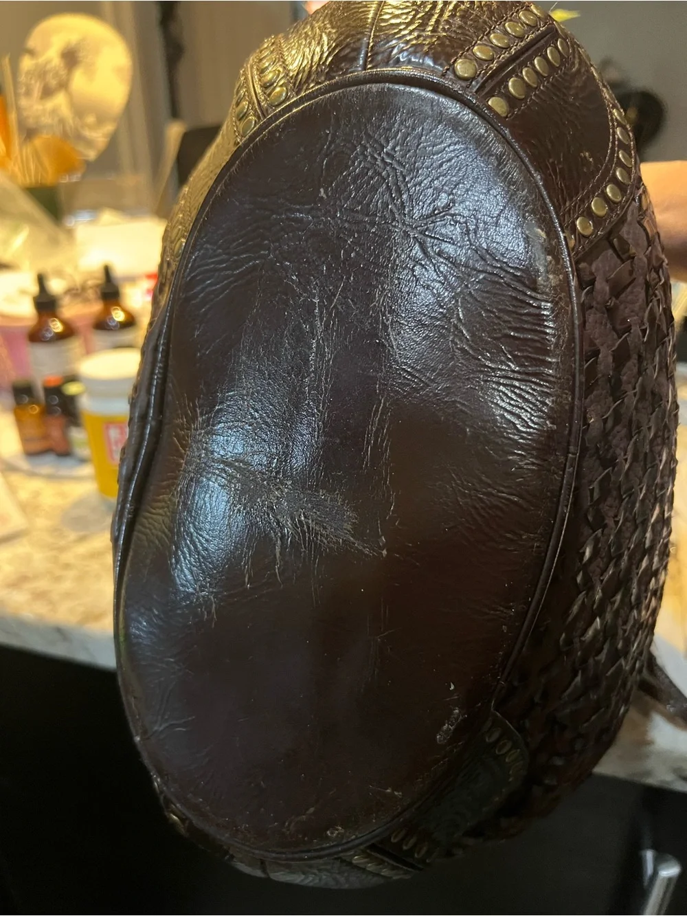 Moschino Dark Brown Woven Leather Hobo with Stud Accents
